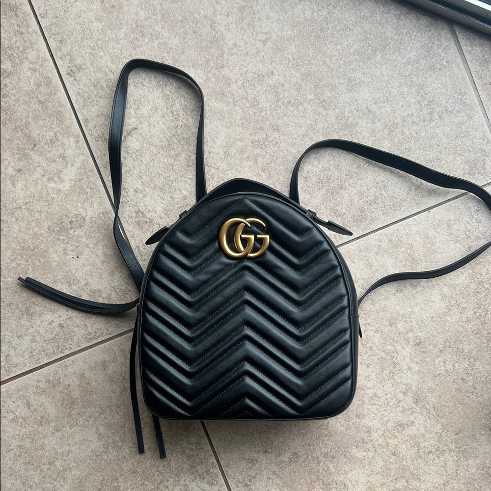 Gucci Black Chevron Backpack with Gold Logo
